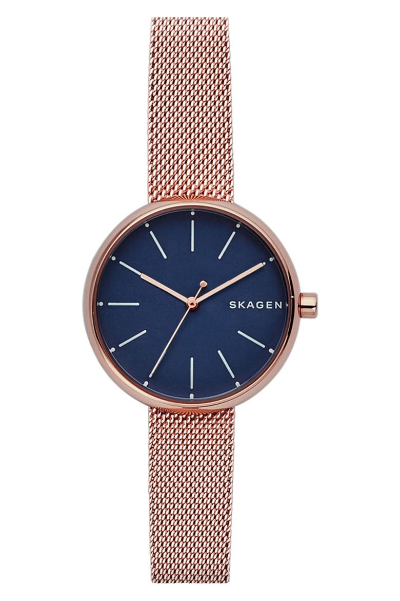 Round Mesh Strap Watch, 30mm, Main, color, ROSE GOLD/ BLUE