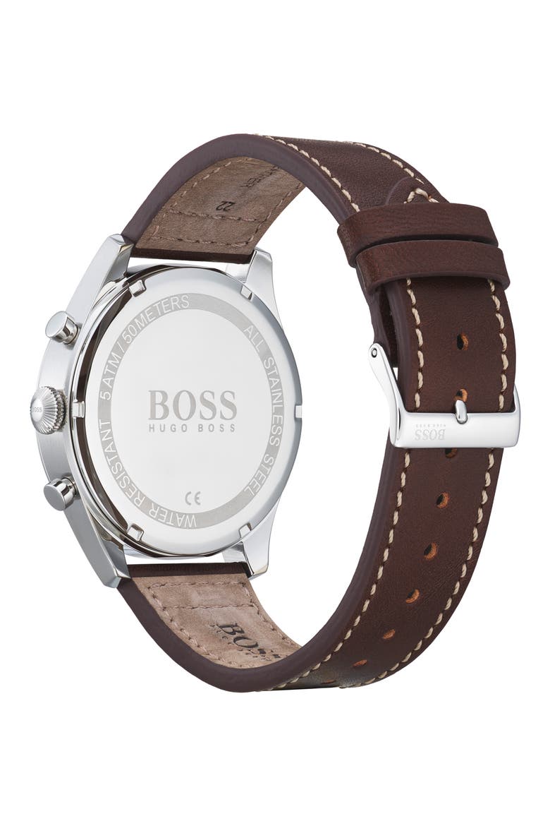 Pioneer Chronograph Leather Strap Watch, 44mm, Alternate, color, BROWN/ BLUE/ SILVER