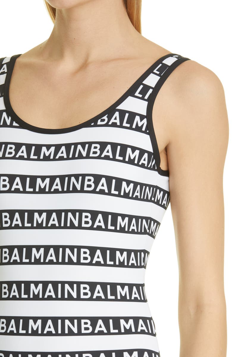 Balmain Logo Stripe One-Piece Swimsuit, Alternate, color,