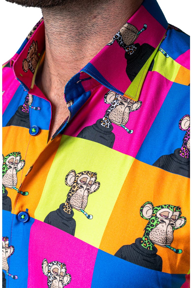 Galileo Ape Print Short Sleeve Cotton Button-Up Shirt, Alternate, color, YELLOW MULTI