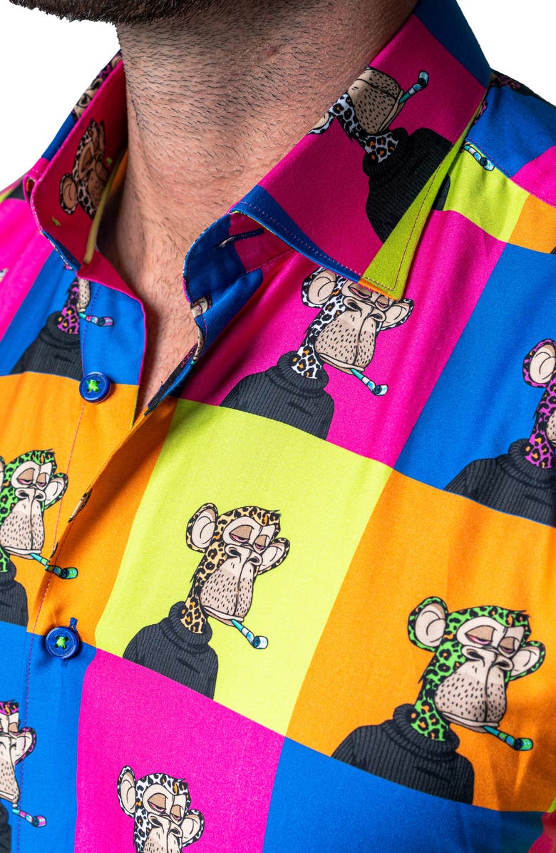 Maceoo Galileo Ape Print Short Sleeve Cotton Button-Up Shirt, Alternate, color, Yellow Multi