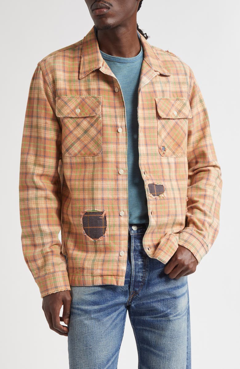 Double RL Plaid Rip & Repair Cotton Twill Button-Up Overshirt, Main, color, Rl-719 Orange Multi