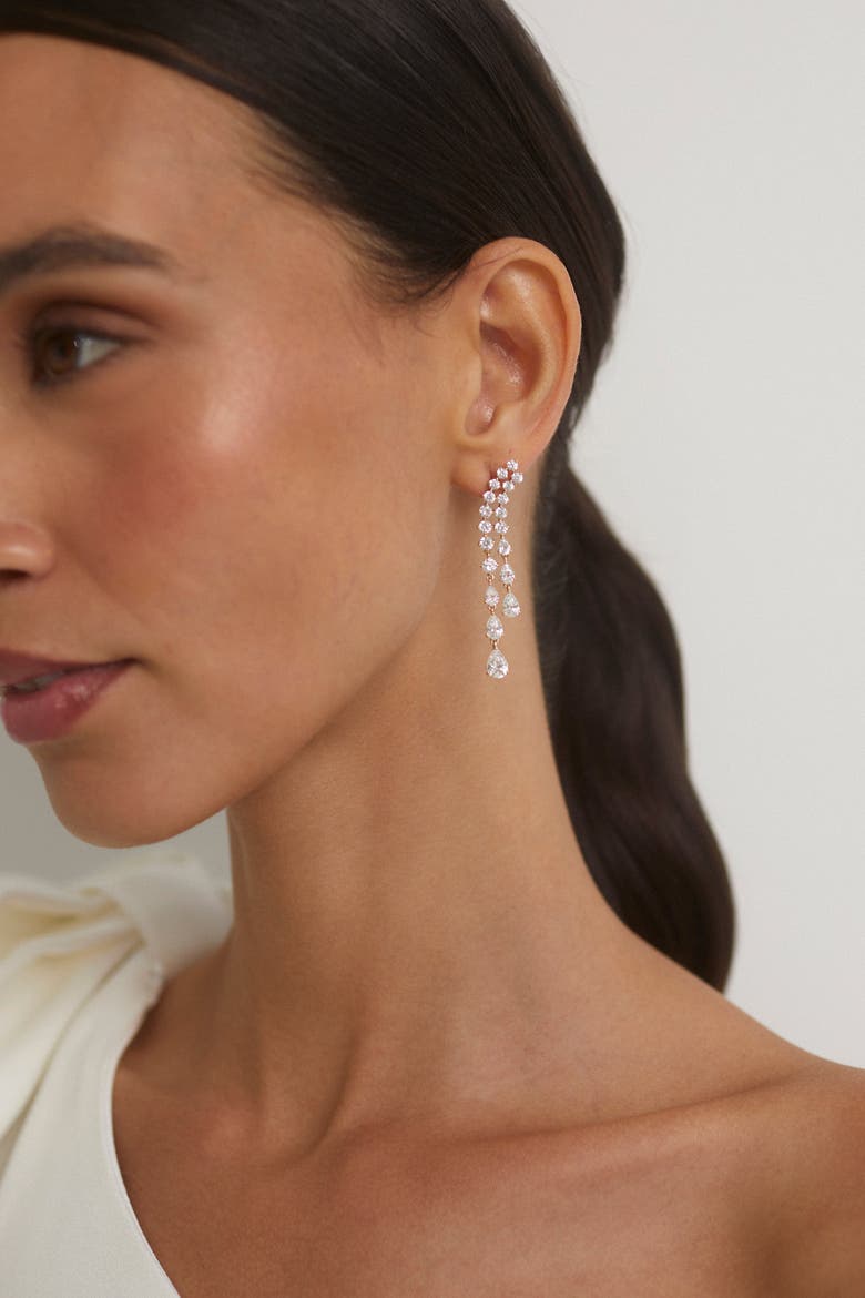 Willow CZ Double Drop Linear Post Climber Earrings, Alternate, color, Rhodium