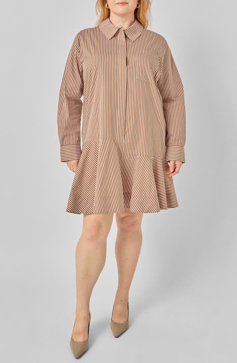 Striped Long Sleeve Flared Skirt Shirtdress