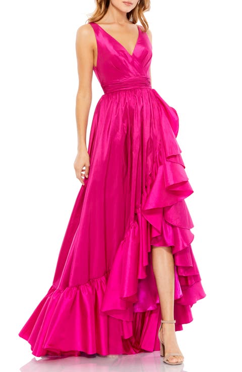 Sleeveless Taffeta High-Low Ruffle Gown