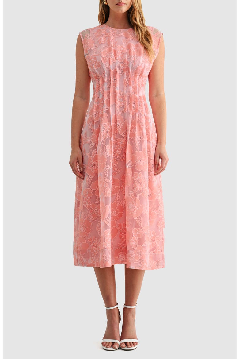 Floral Cap Sleeve Cinched Waist Fit & Flare Midi Dress, Main, color, PINK