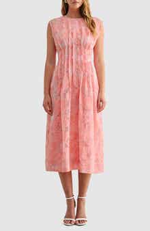 Floral Cap Sleeve Cinched Waist Fit & Flare Midi Dress