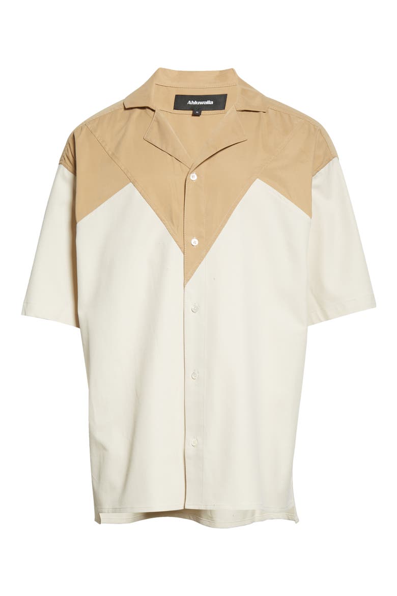 Robyn Colorblock Short Sleeve Button-Up Shirt, Alternate, color, CAMEL/ BEIGE