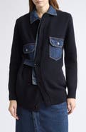 Sacai Denim Trim Wool Blend Cardigan with Bib Inset