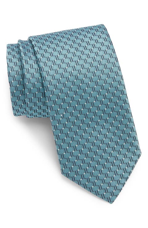 Teal Geometric Jacquard Silk Tie