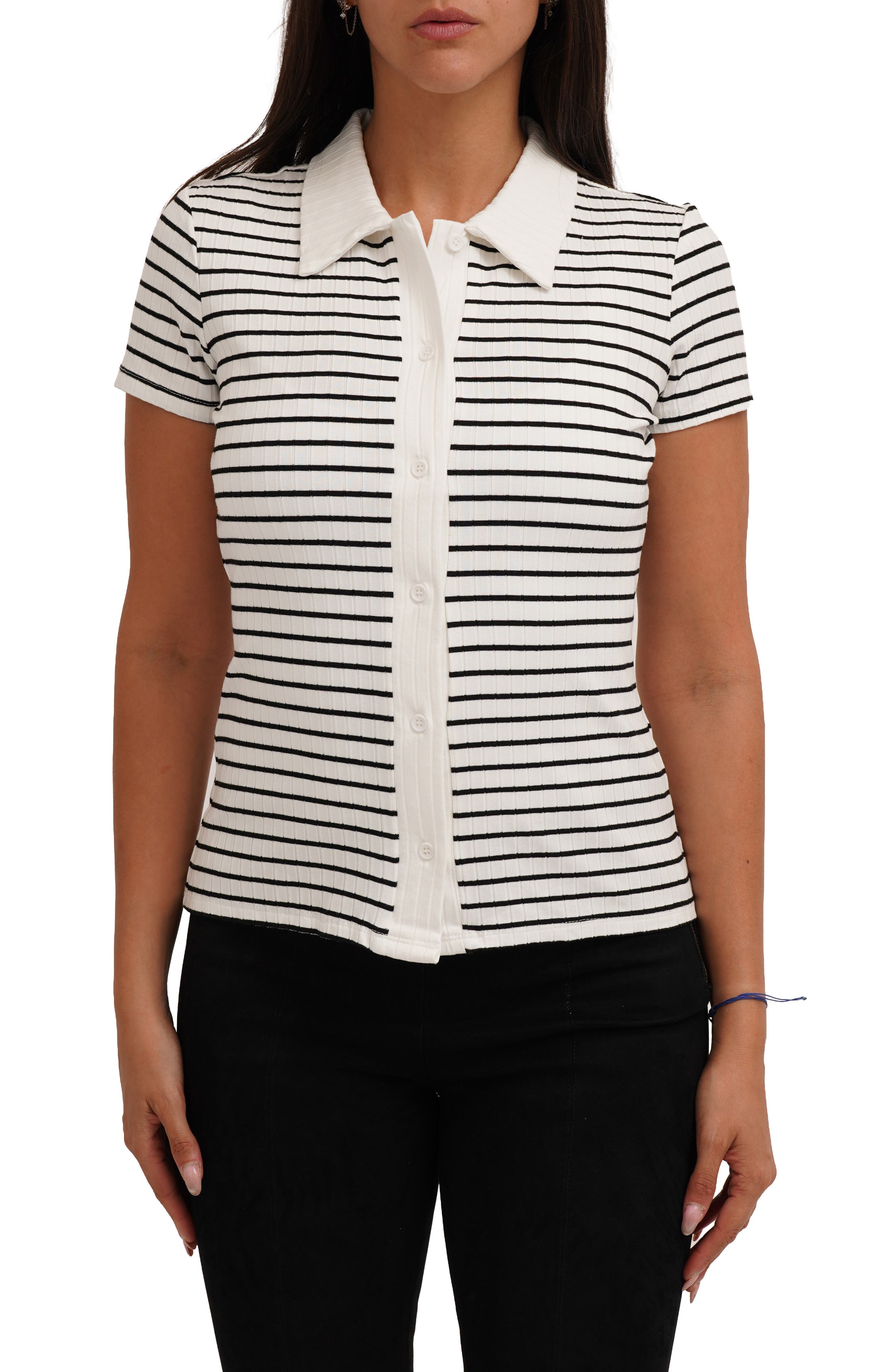 CYRUS Stripe Rib Button-Up Knit Top
