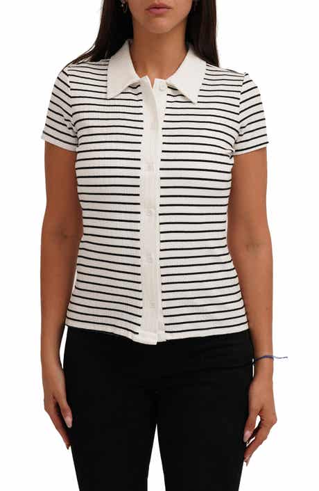 CYRUS Stripe Rib Button-Up Knit Top