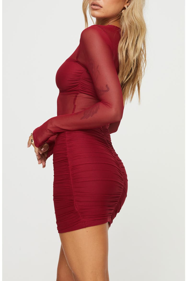 Hapstall illusion Mesh Long Sleeve Minidress, Alternate, color, DARK RED