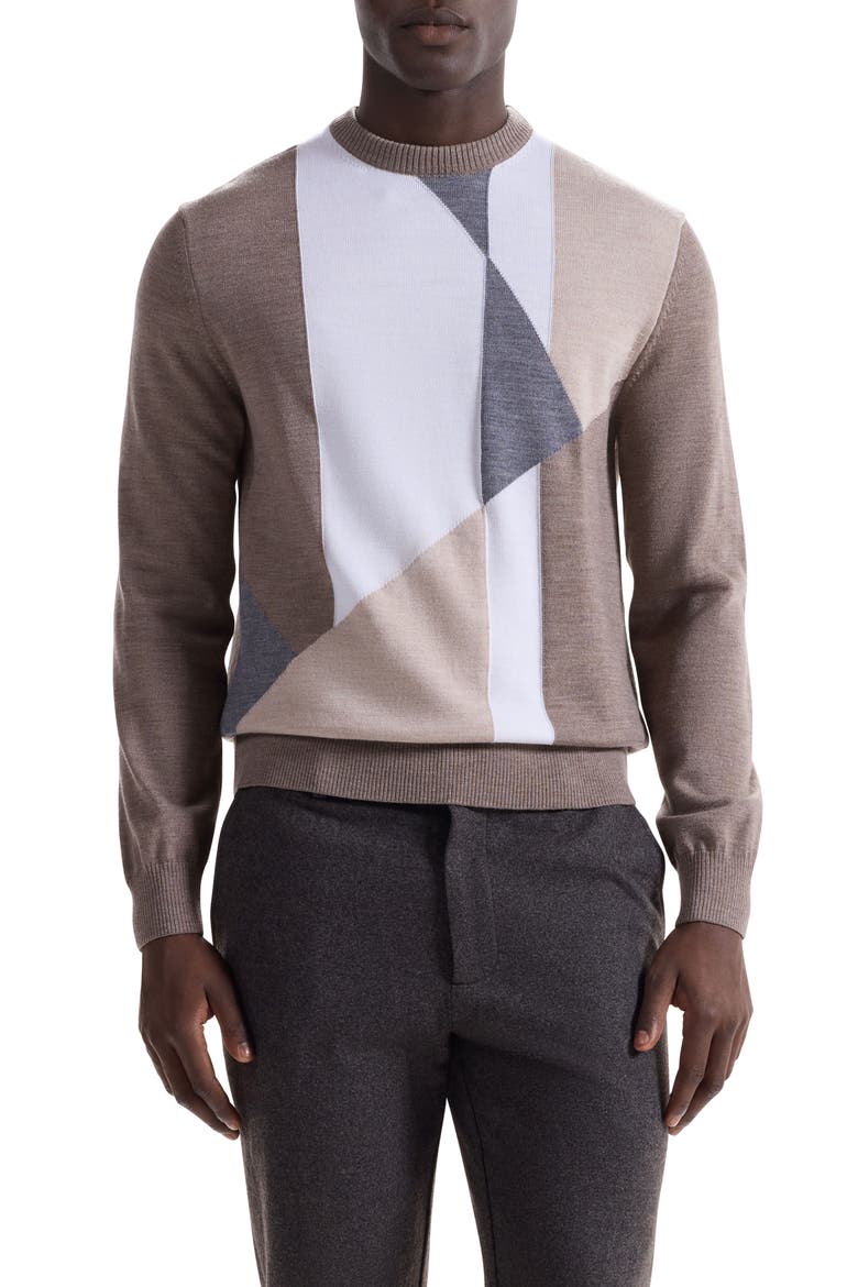Geometric Pattern Merino Wool Crewneck Sweater, Main, color, WALNUT