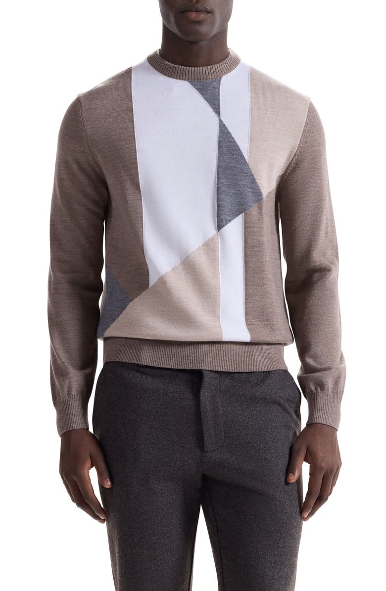 Bugatchi Geometric Pattern Merino Wool Crewneck Sweater, Main, color, Walnut