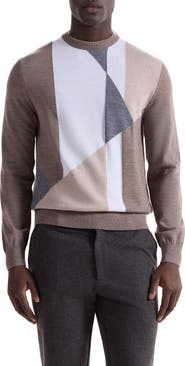 Bugatchi Geometric Pattern Merino Wool Crewneck Sweater