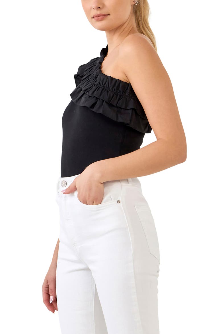 Ruffle One-Shoulder Bodysuit, Alternate, color, BLACK