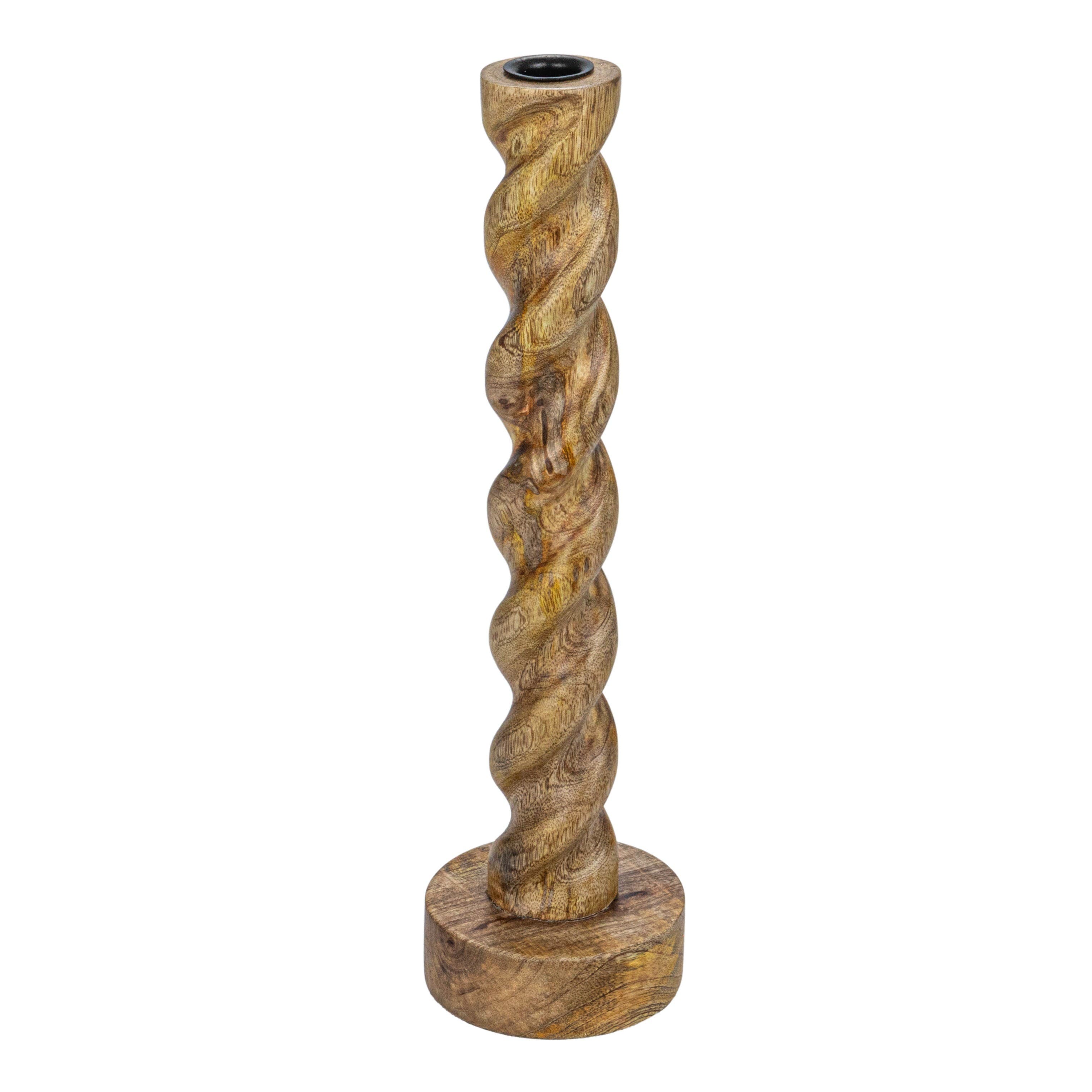 Storied Home Tall Hand-carved Mango Wood Twisted Taper Candle Holder, Natural In Brown