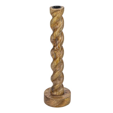Tall Hand-Carved Mango Wood Twisted Taper Candle Holder, Natural
