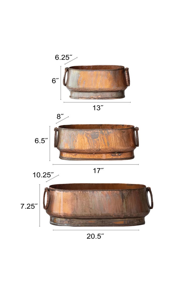 3-Piece Oval Metal Planters with Ring Handles, Alternate, color, Copper