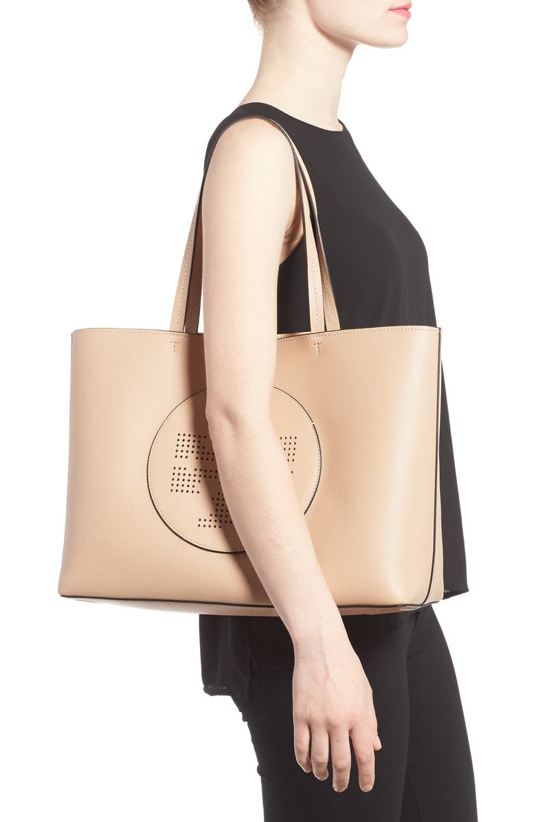 Tory Burch Perforated Logo Leather Tote, Alternate, color, Sand Dune/ Tory Navy