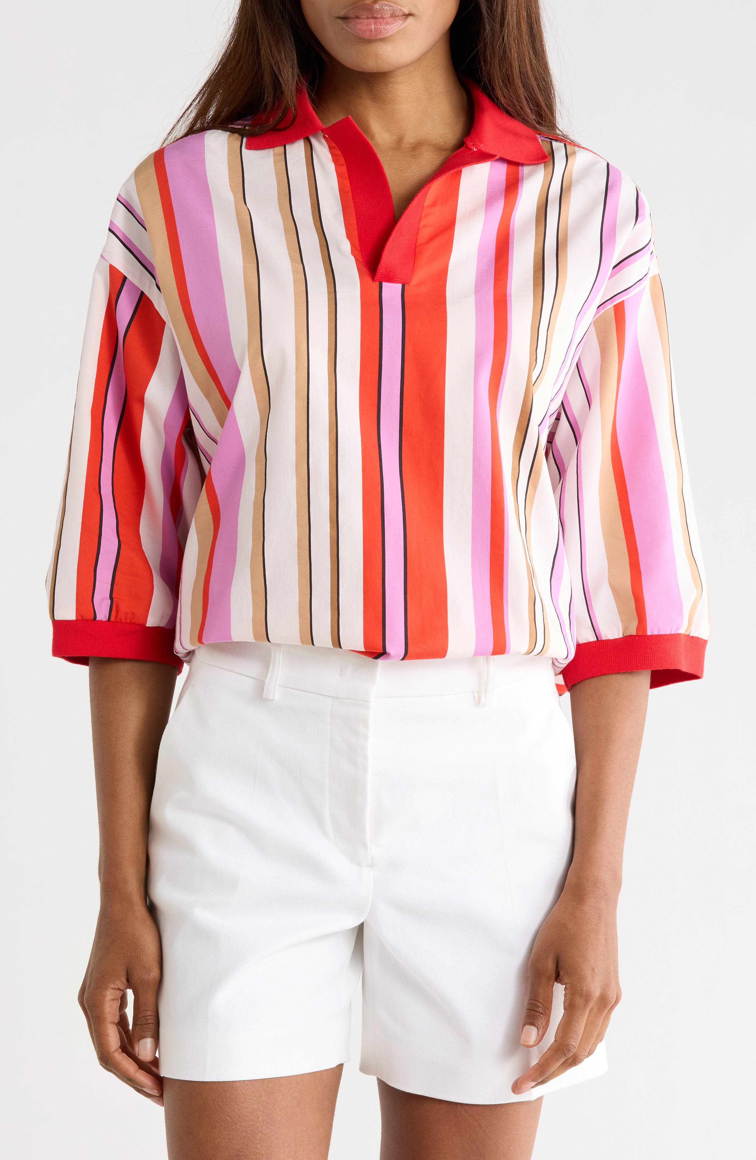 Longchamp Stripe Short Sleeve Cotton Blend Shirt