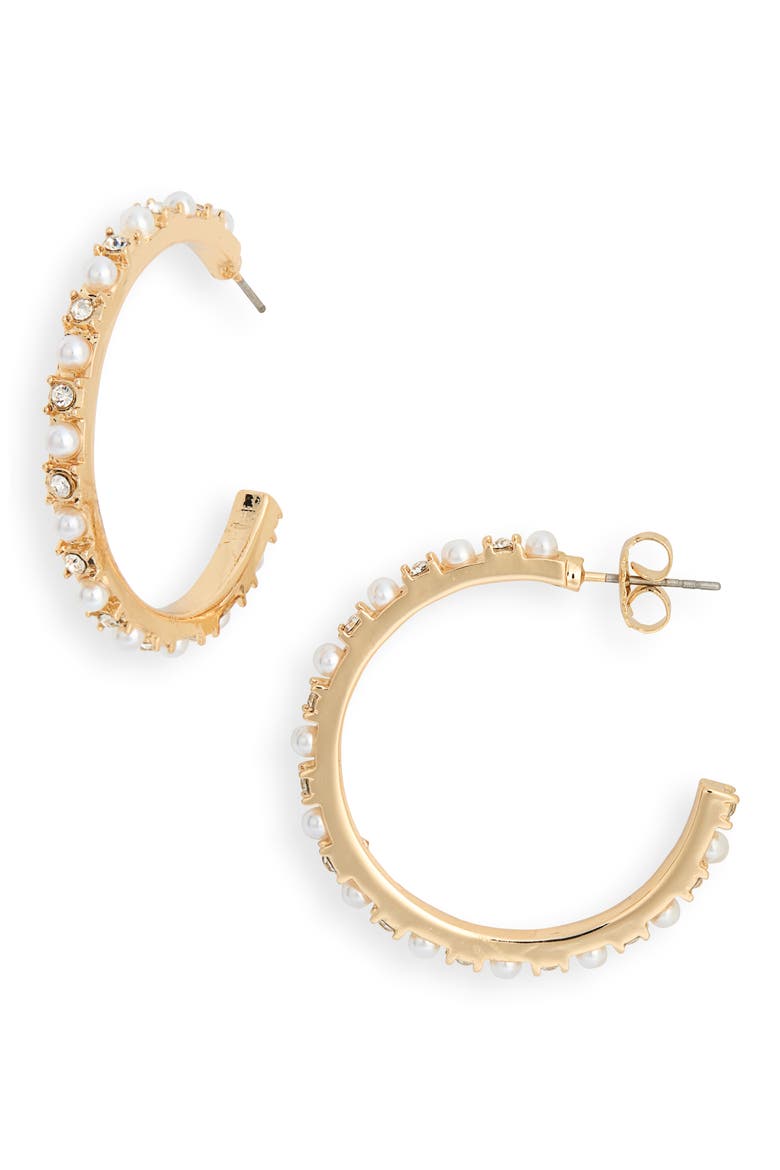 Faux Pearl & Crystal Hoop Earrings, Main, color, CLEAR- WHITE- GOLD