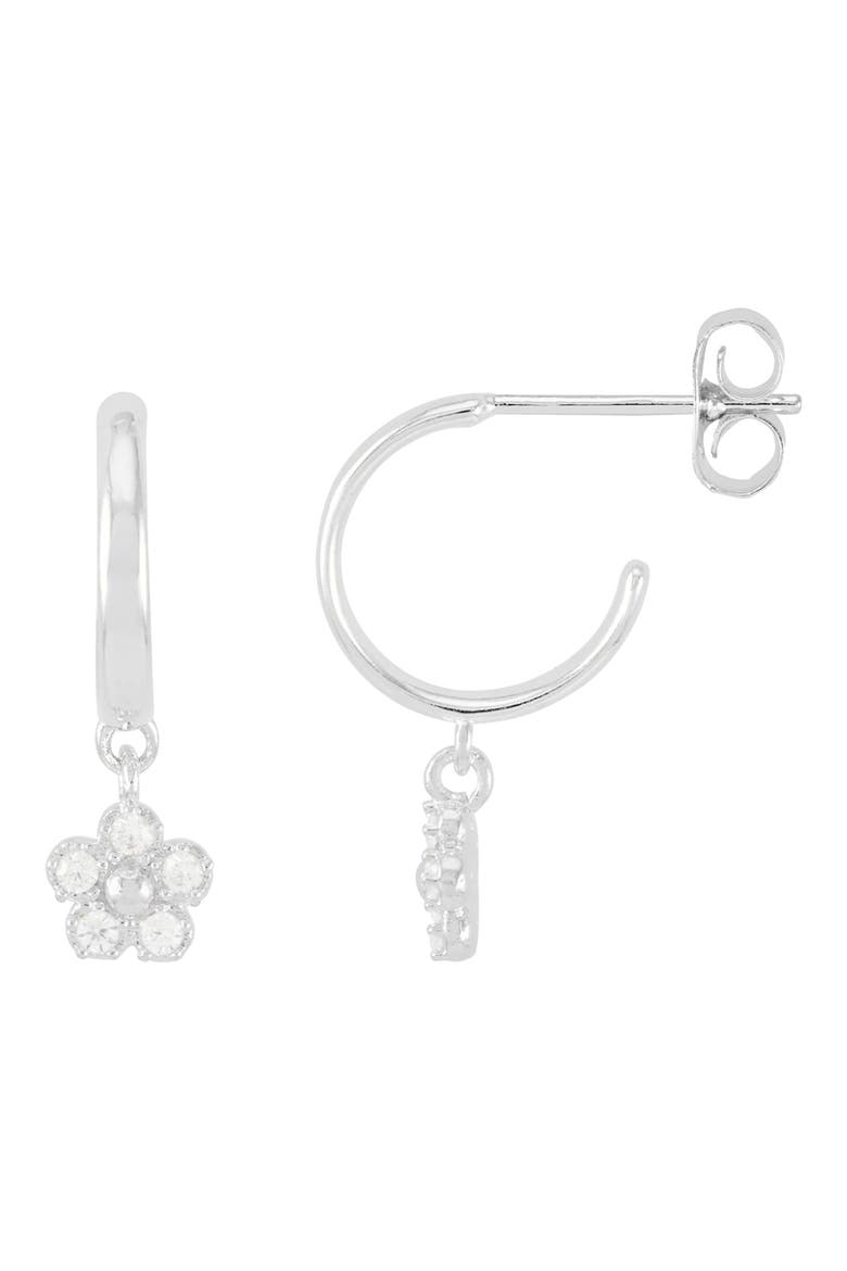 Cubic Zirconia Flower Hoop Earrings, Main, color, SILVER