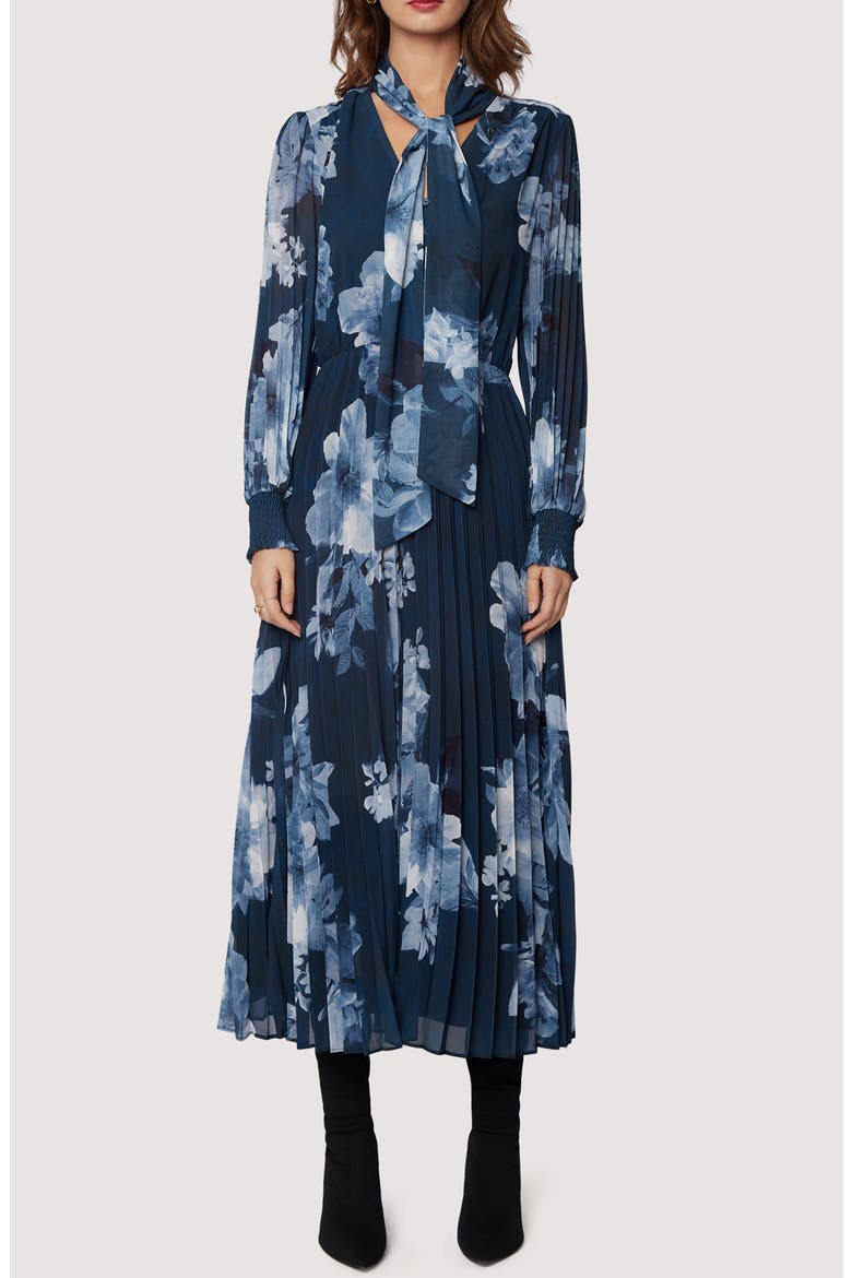 Josephine Floral Pleated Tie Neck Long Sleeve Dress, Main, color, BLUE GREY FLORAL