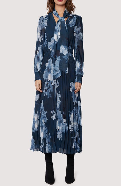 Josephine Floral Pleated Tie Neck Long Sleeve Dress
