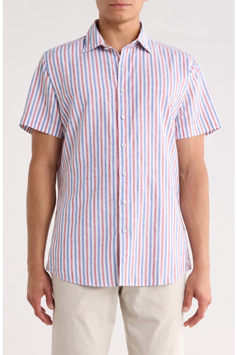 Denby Crescent Stripe Short Sleeve Cotton & Linen Button-Up Shirt, Main, color, MARINE