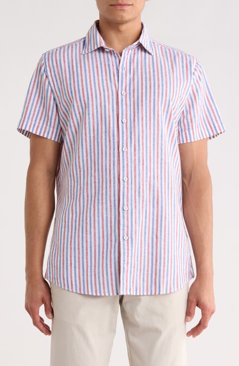Denby Crescent Stripe Short Sleeve Cotton & Linen Button-Up Shirt