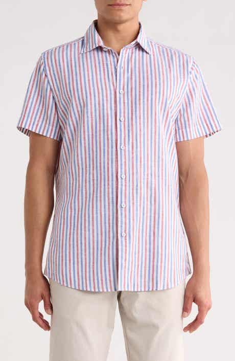 Rodd & Gunn Denby Crescent Stripe Short Sleeve Cotton & Linen Button-Up Shirt