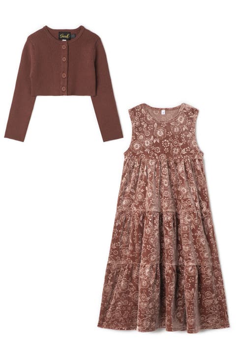 Tiered Velour Embossed Jumper & Button-Front Cardigan Set (Toddler, Little Kid & Big Kid)