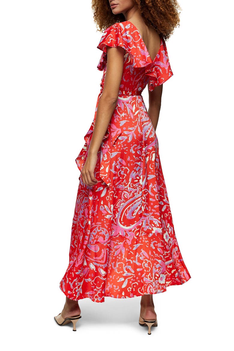 Satin Ruffle Wrap High/Low Dress, Alternate, color, RED MULTI