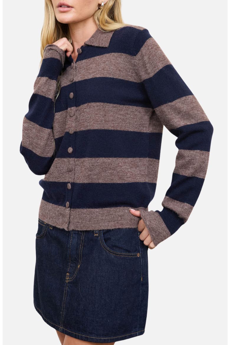 Striped Collared Cardigan, Alternate, color, NAVY