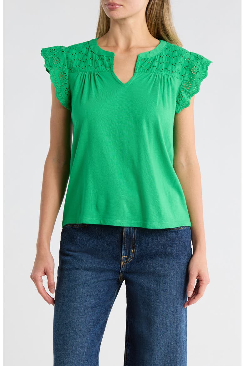 Cap Sleeve Mixed Media Top, Main, color, KELLY GREEN