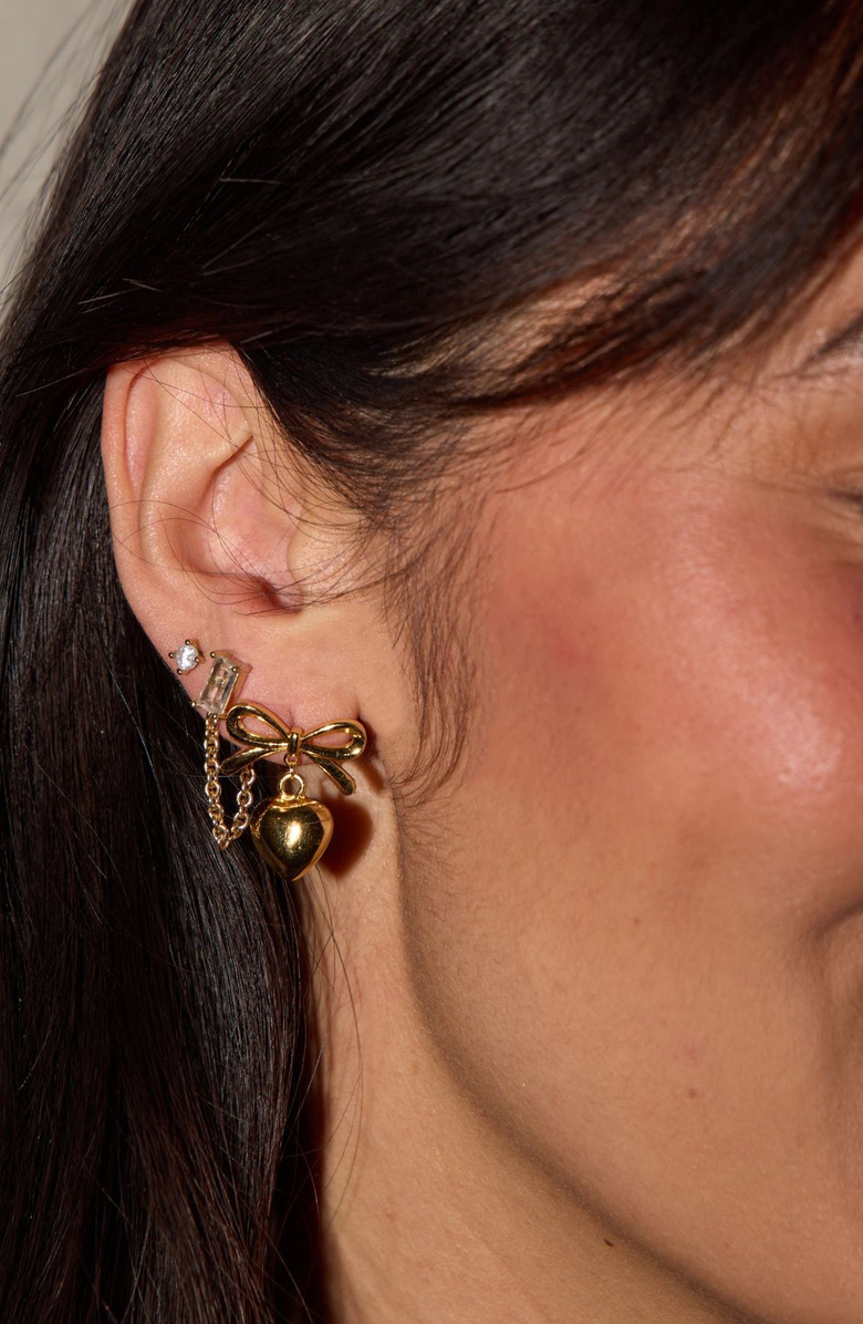 Nickel & Suede Bow & Heart Drop Earrings, Alternate, color, Gold