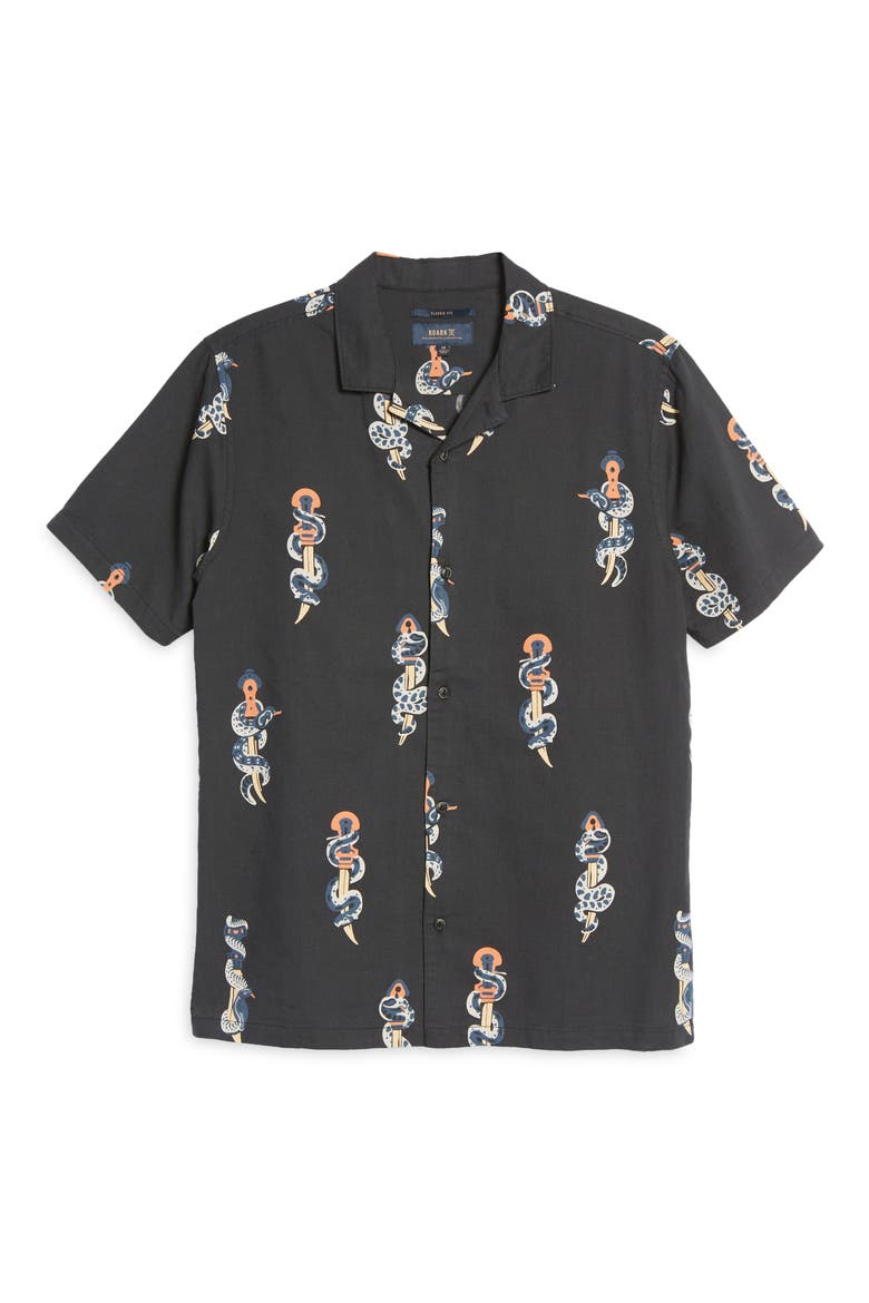 Snake & Dagger Cotton & Linen Button-Up Camp Shirt, Alternate, color, BLACK
