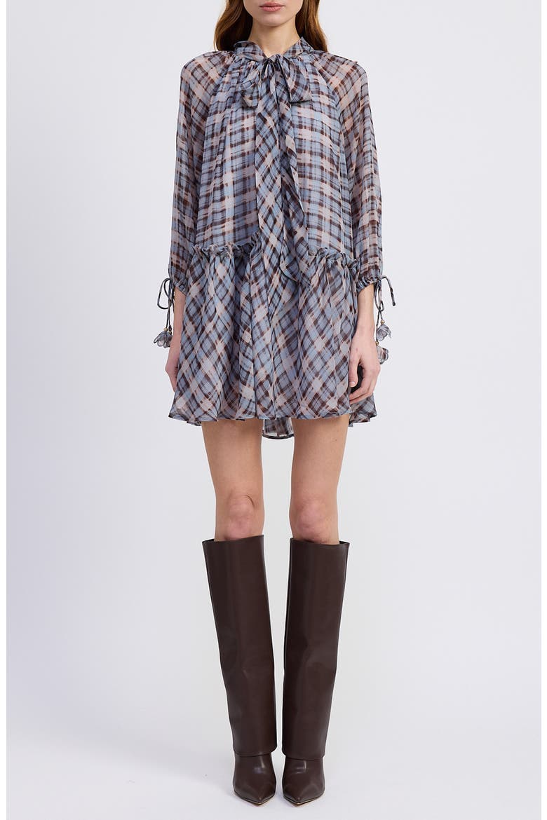 Briar Plaid Long Sleeve Minidress, Main, color, DUSTY BLUE BROWN