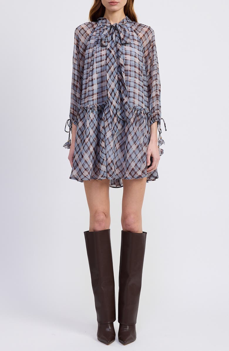 En Saison Briar Plaid Long Sleeve Minidress, Main, color, Dusty Blue Brown