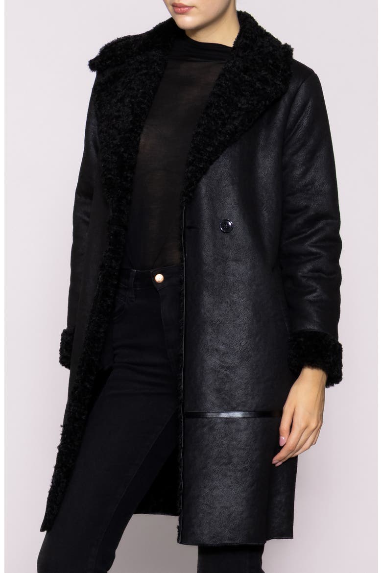 Faux Shearling Lined Faux Leather Coat, Alternate, color, BLACK