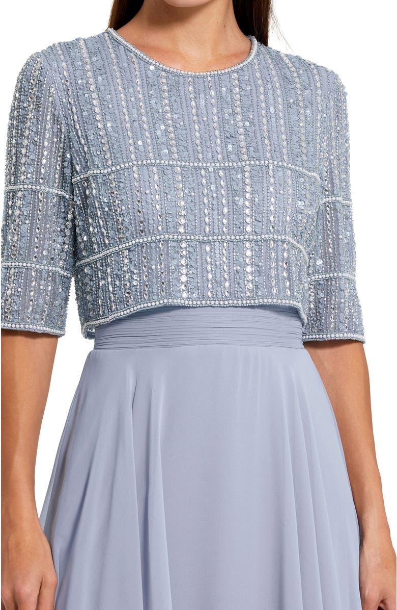 Mac Duggal Fully Beaded 3/4 Sleeves Top Chiffon Gown, Alternate, color, Powder Blue