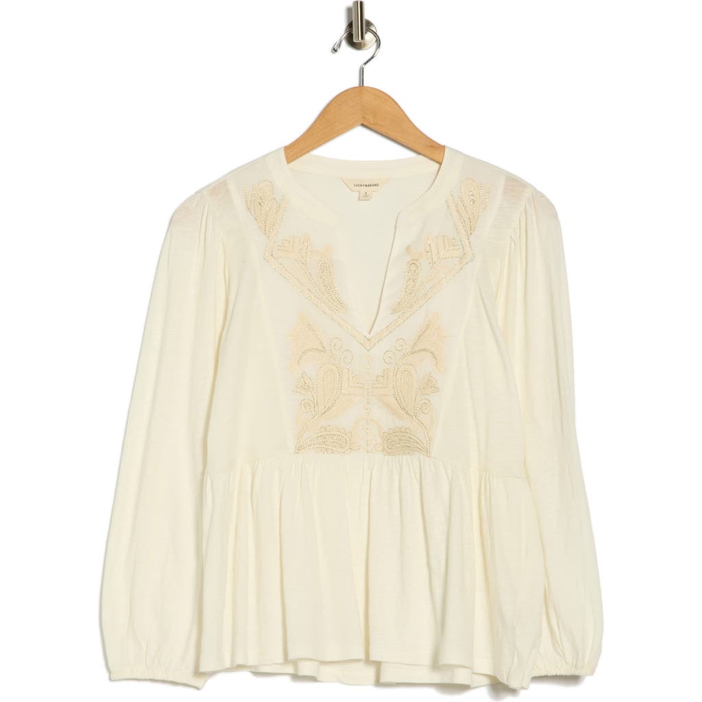 Lucky Brand Split Neck Peplum Top In White