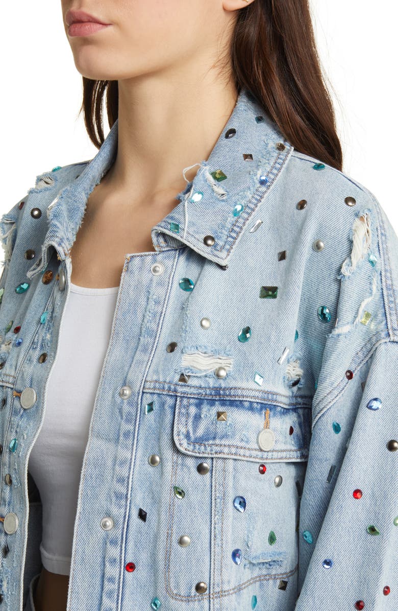 BLANKNYC Embellished Organic Cotton Denim Trucker Jacket, Alternate, color, Cold Gem