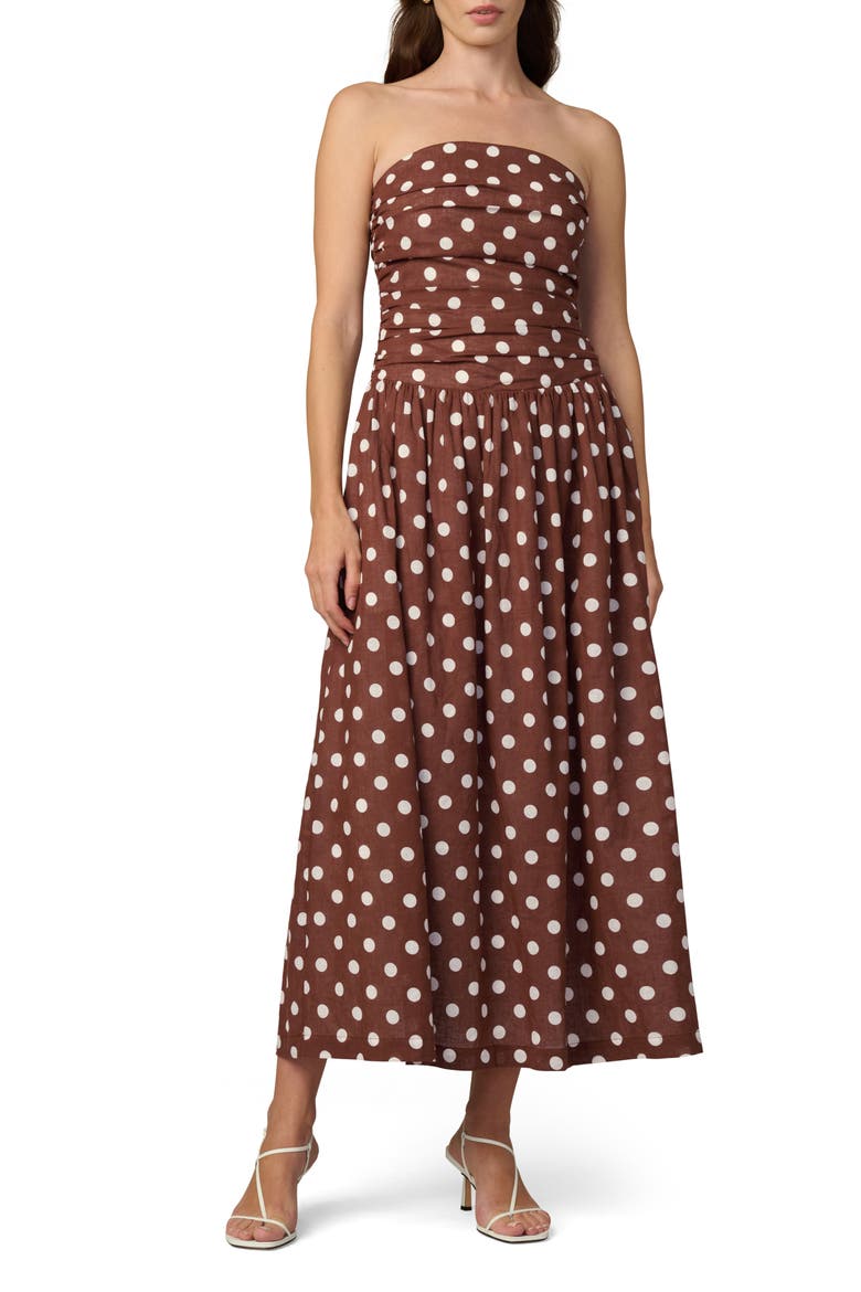 The Reina Linen Blend Strapless Maxi Dress, Main, color, CHOCOLATE/ ECRU DOT