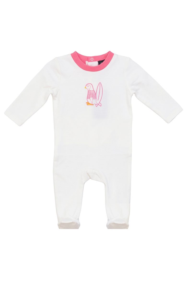 Surfing Sunday Penguin Long Sleeve Covered Feet Romper, Main, color, Off White/Pink