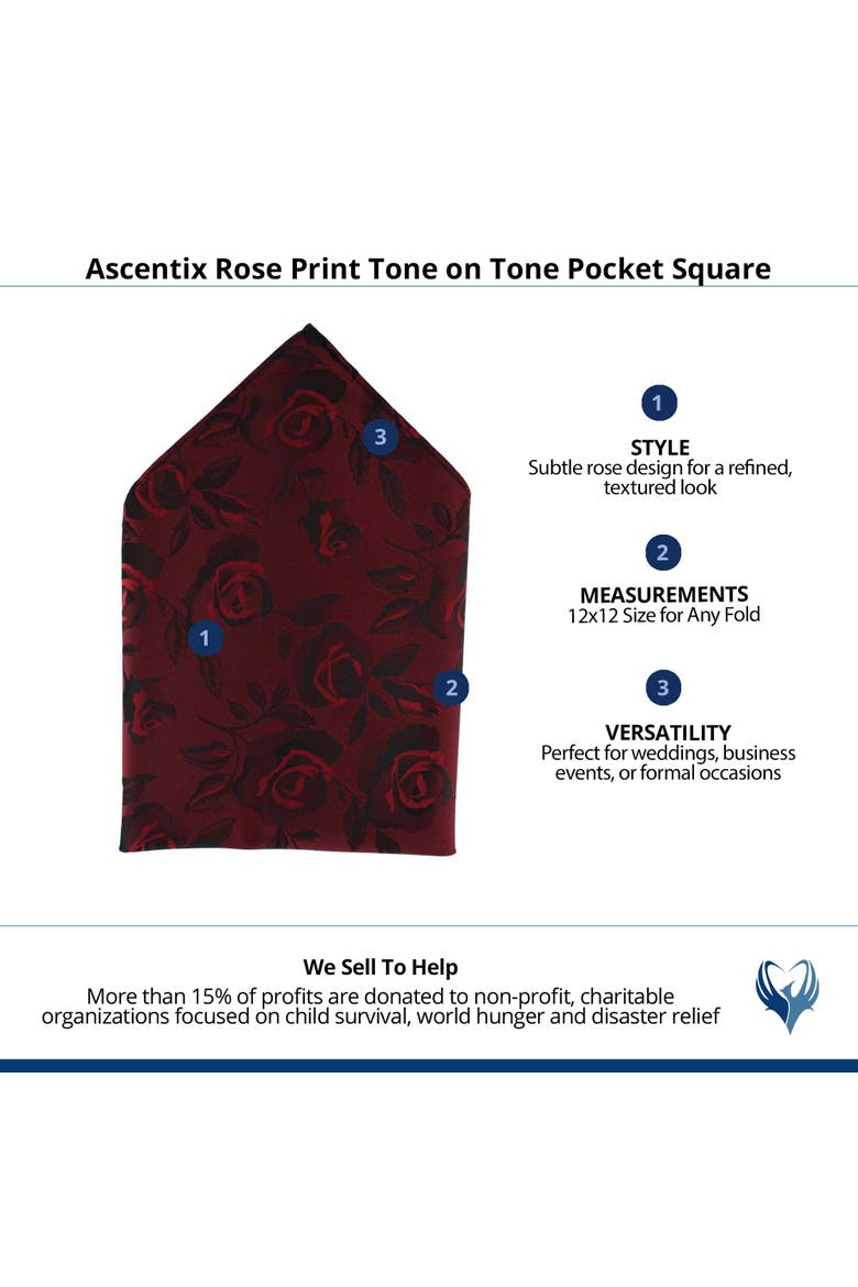 Rose Print Tone on Tone Pocket Square, Alternate, color, Red