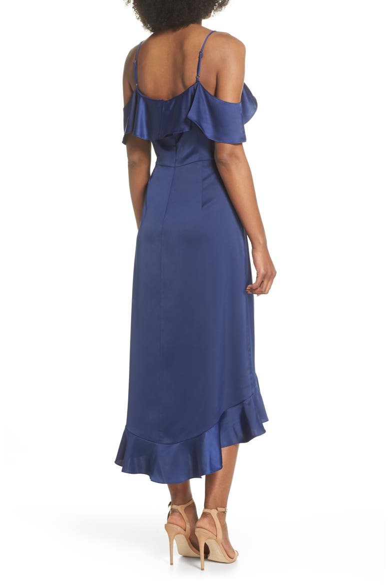 Faux Wrap Satin Ruffle Dress, Alternate, color, NAVY