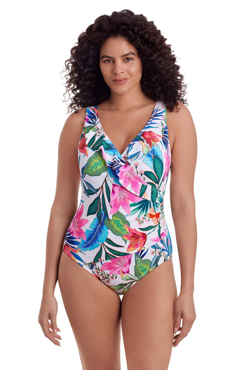Longitude Ruffle Front Surplice Long Torso One-Piece Swimsuit, Main, color, Midnight Plumeria